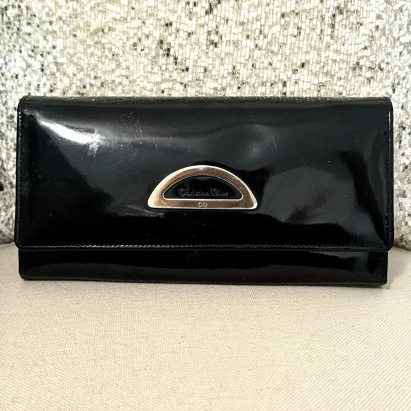Vintage CHRISTIAN DIOR Evening Black Patent Leather Long Wallet Silver Logo - Picture 2 of 15